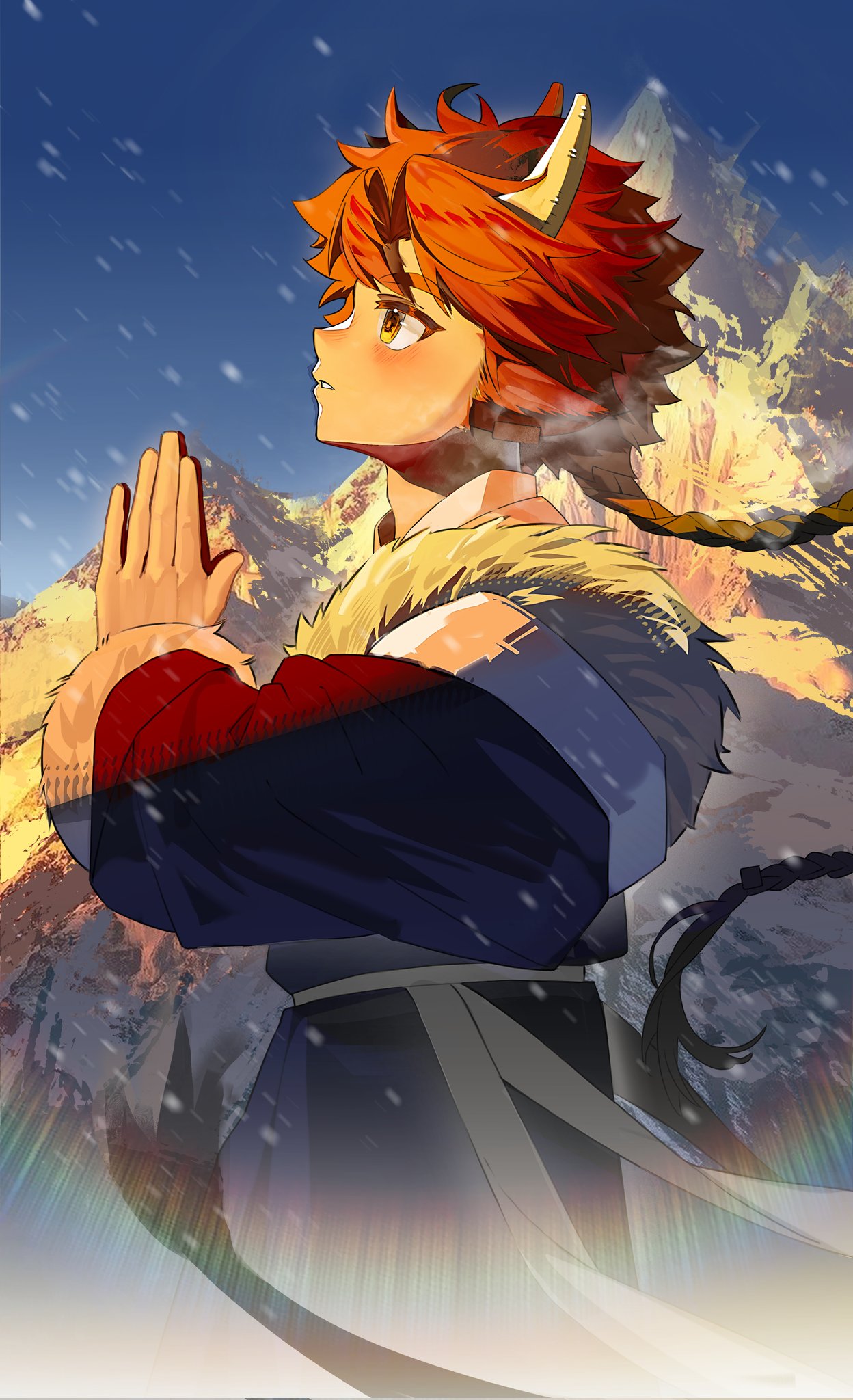 1boy, animal_ears, arknights, blue_sky, blush, braid, chinese_commentary, commentary_request, cow_boy, cow_ears, cow_horns, from_side, highres, horns, looking_to_the_side, looking_up, luosaihuer, male_focus, mountain, profile, sky, snow, wan_qing_(arknights)