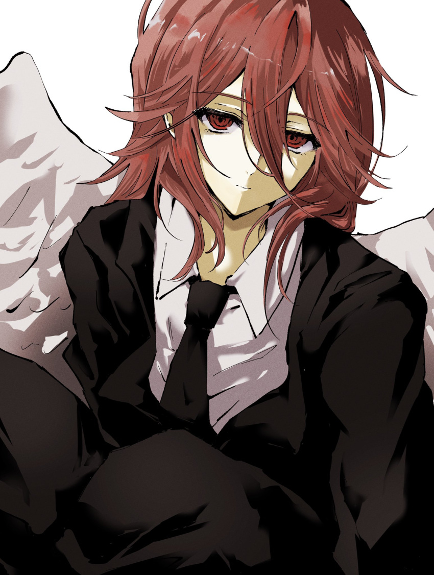 1boy, androgynous, angel_devil_(chainsaw_man), angel_wings, black_jacket, black_necktie, black_pants, black_suit