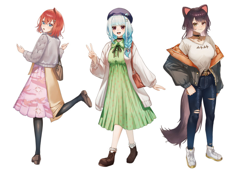 3girls, :3, :d, ange_katrina, ange_katrina_(5th_costume), animal_ears, animal_print, ankle_boots