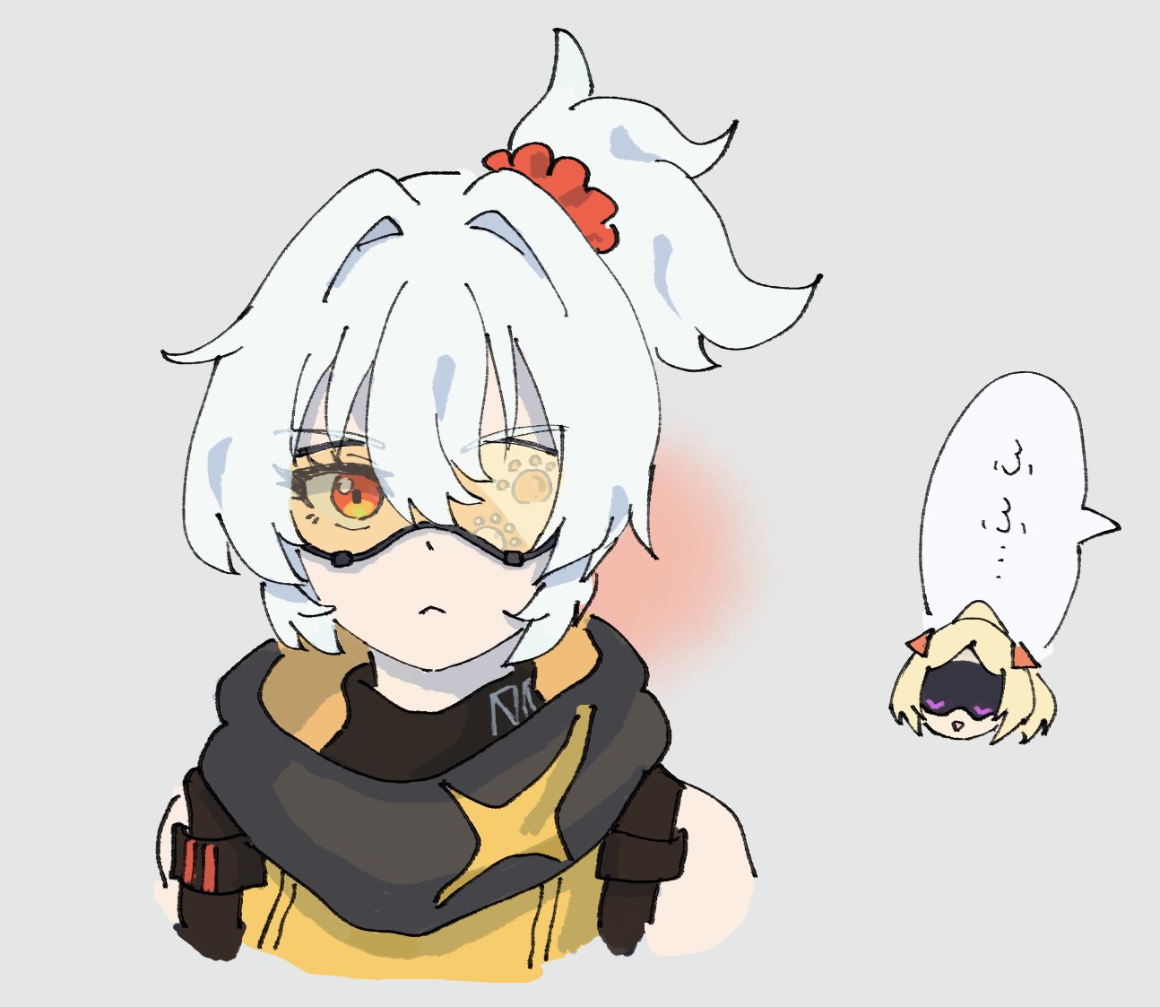 2girls, blonde_hair, brown_eyes, closed_mouth, goggles, grey_background, hair_between_eyes, long_hair