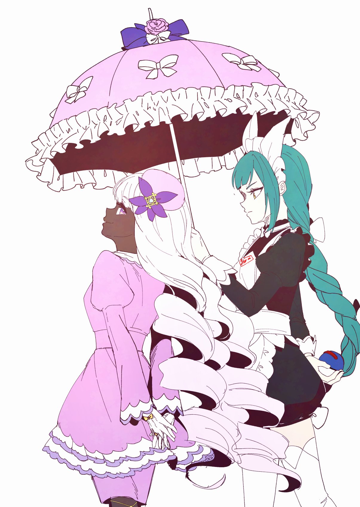 2girls, apron, braid, dark-skinned_female, dark_skin, dress, feet_out_of_frame, flower