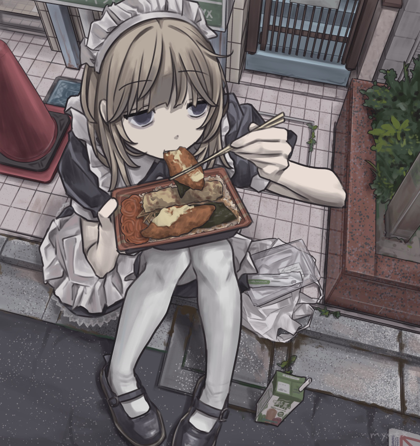 1girl, absurdres, bento, blue_eyes, chopsticks, dress, eating, empty_eyes