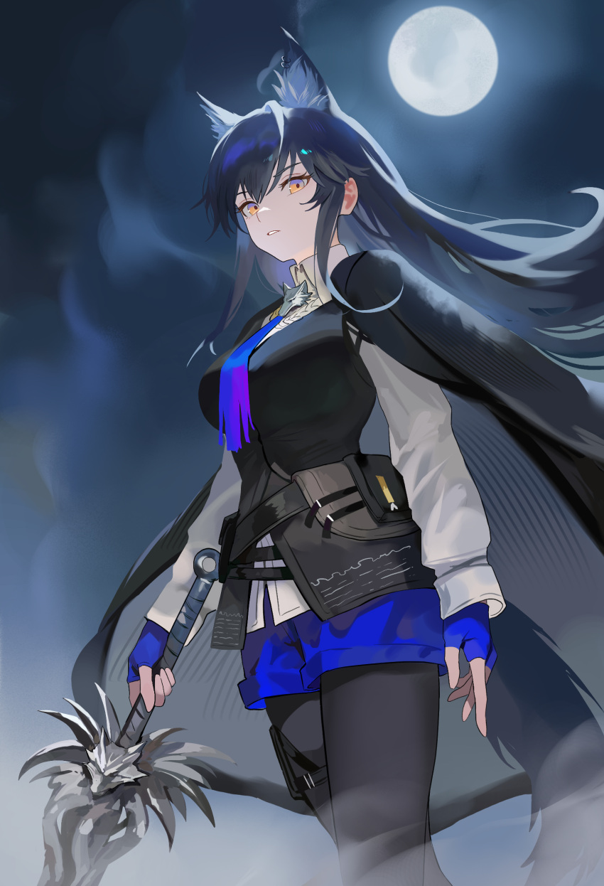1girl, absurdres, animal_ear_fluff, animal_ears, arknights, black_coat, black_hair, black_pantyhose