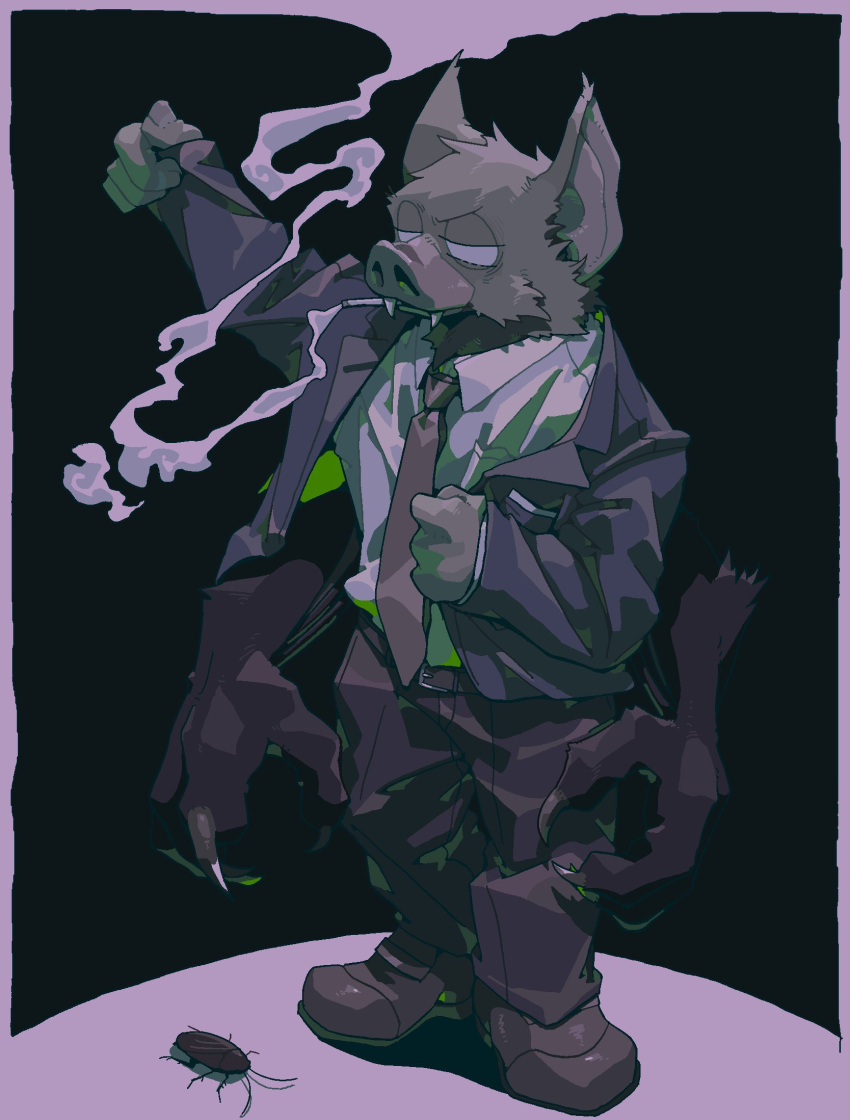 1boy, animal_ears, bat_boy, bat_ears, black_pants, black_suit, brown_shoes, bug