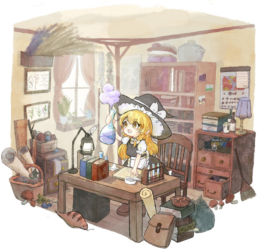 1girl, apron, black_hat, blonde_hair, book, bow, braid, broom