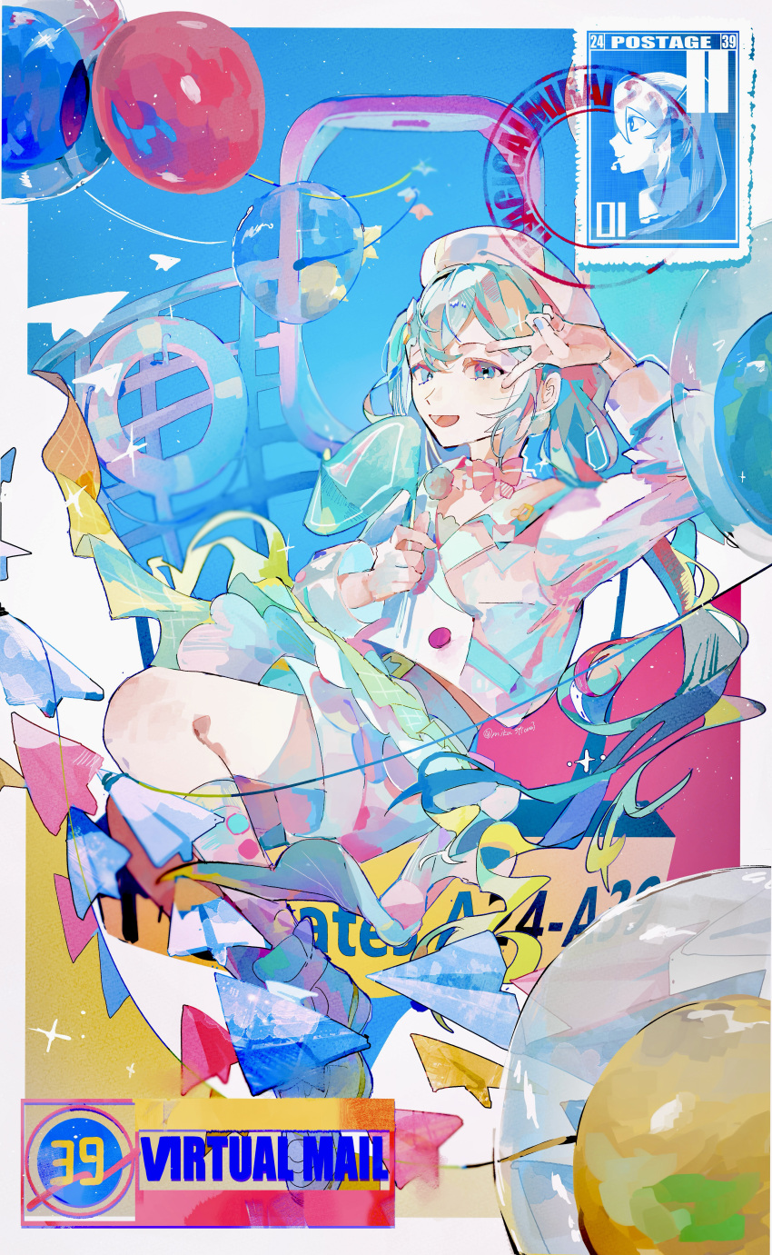 1girl, :d, absurdres, antenna_39_(vocaloid), aqua_eyes, aqua_hair, arm_up, balloon, beamed_eighth_notes, beret, blue_nails, bow, bow_choker, choker, colorful, commentary_request, cropped_jacket, english_text, flag, frilled_choker, frills, from_side, full_body, hair_between_eyes, hair_ornament, hand_up, hat, hatsune_miku, highres, holding, holding_flag, kneehighs, long_hair, looking_at_viewer, magical_mirai_(vocaloid), magical_mirai_miku, magical_mirai_miku_(2024), miku39love3, musical_note, musical_note_ornament, official_alternate_costume, open_mouth, paper_airplane, pink_bow, postage_stamp, shorts, shorts_under_skirt, sidelocks, sleeve_cuffs, smile, socks, solo, twintails, twitter_username, v, very_long_hair, vocaloid, white_choker, white_hat, wide_sleeves