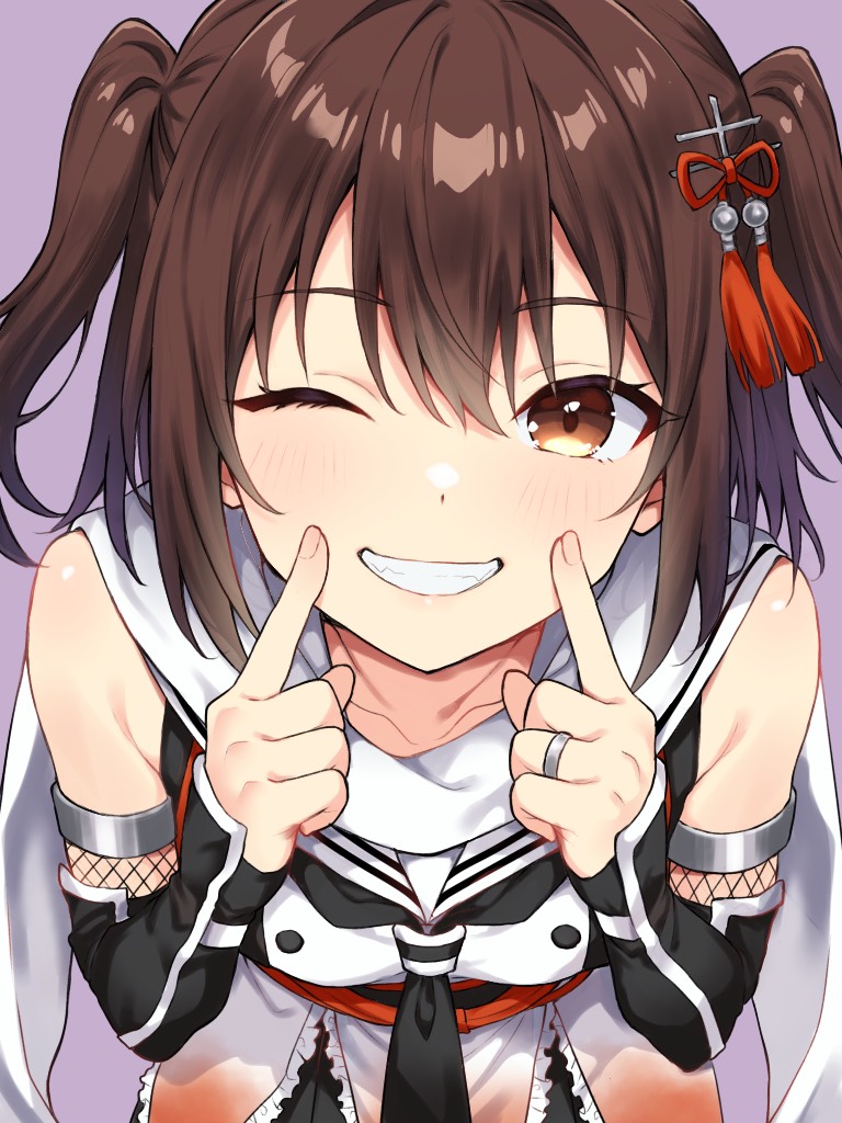 1girl, black_neckerchief, brown_eyes, brown_hair, elbow_gloves, gauntlets, gloves, grin
