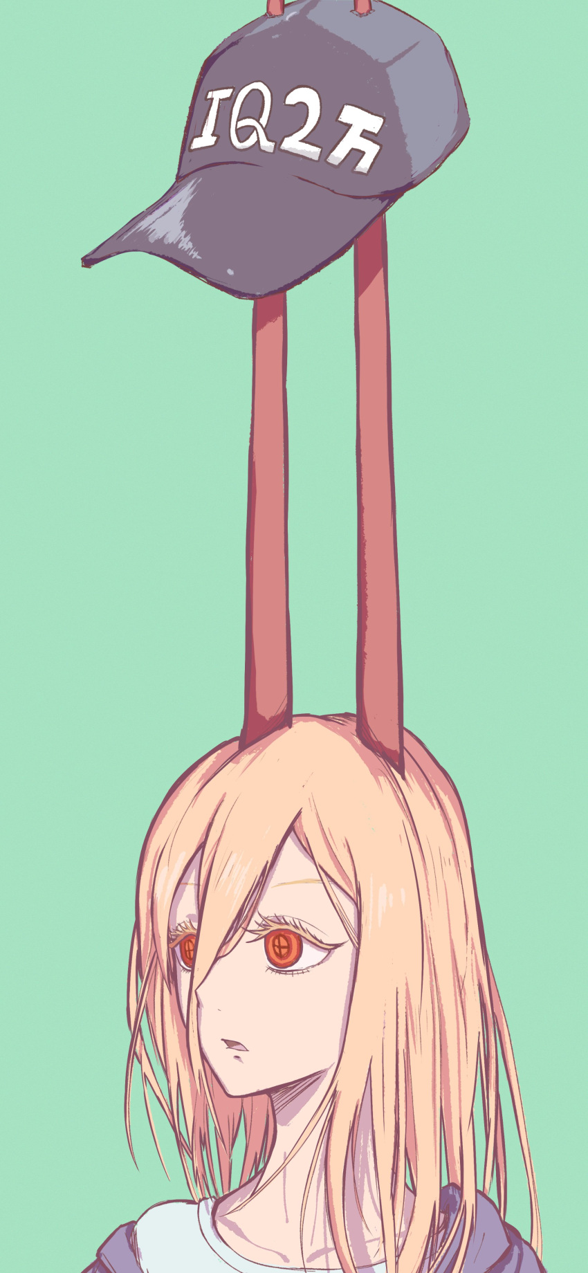 1girl, absurdres, baseball_cap, blonde_hair, chainsaw_man, commentary_request, cross-shaped_pupils, demon_girl