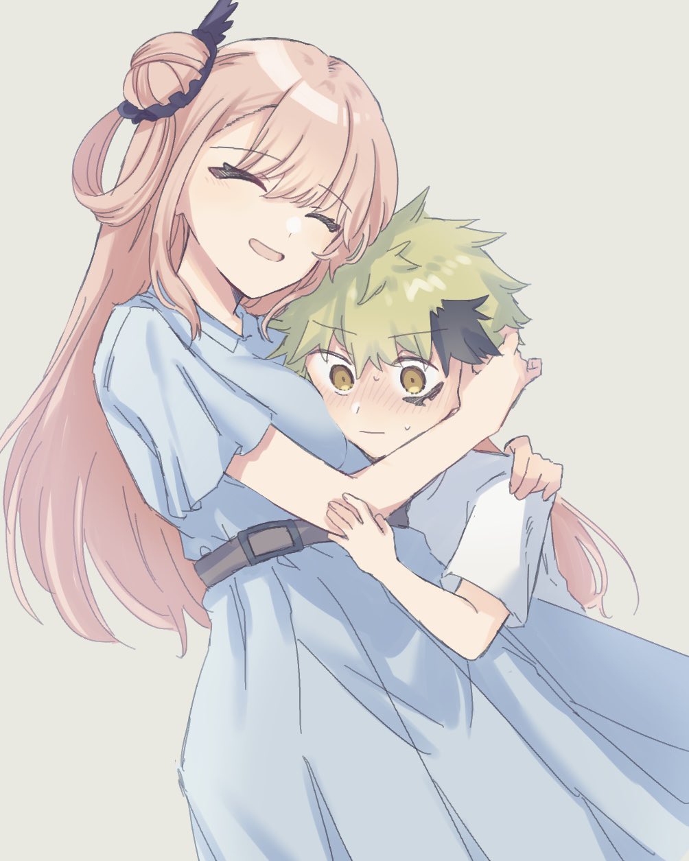 1boy, 1girl, aged_down, aramine_ishu, belt, birthmark, blush, closed_mouth