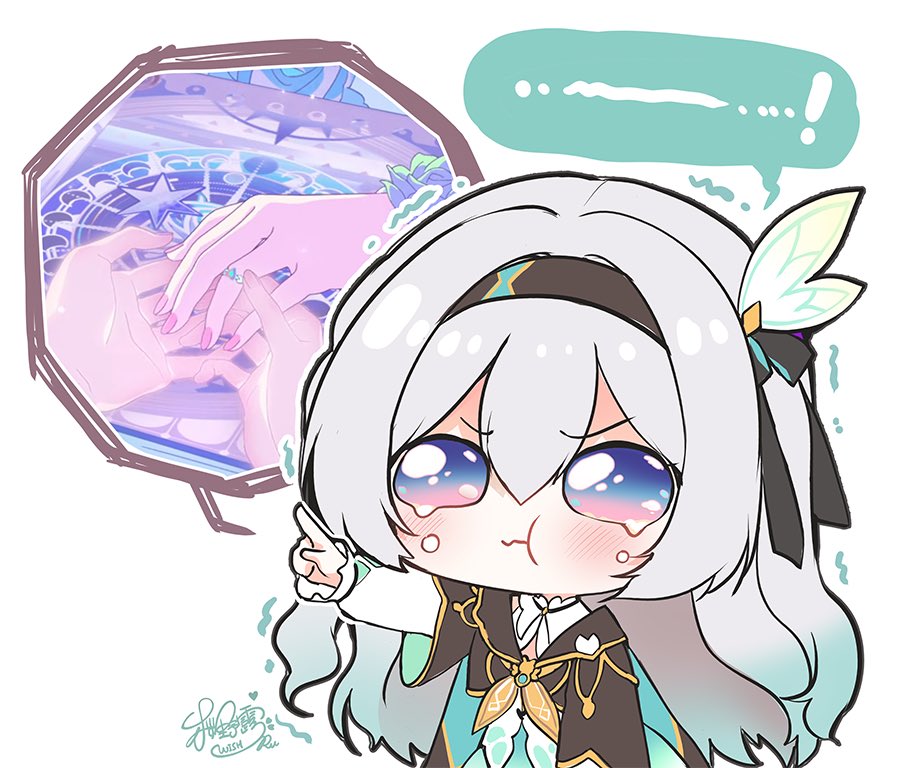 2girls, :t, as_i've_written_(honkai:_star_rail), black_hairband, chibi, crying, cyrene_(honkai:_star_rail), cyrene_(ripples_of_past_reverie)_(honkai:_star_rail), firefly_(honkai:_star_rail), gradient_hair, hairband, honkai:_star_rail, honkai_(series), jealous, jewelry, multicolored_eyes, multicolored_hair, multiple_girls, pointing, pout, ring, sakurano_ru, signature, simple_background, solo_focus, trailblazer_(honkai:_star_rail), wedding_ring, white_background, white_hair