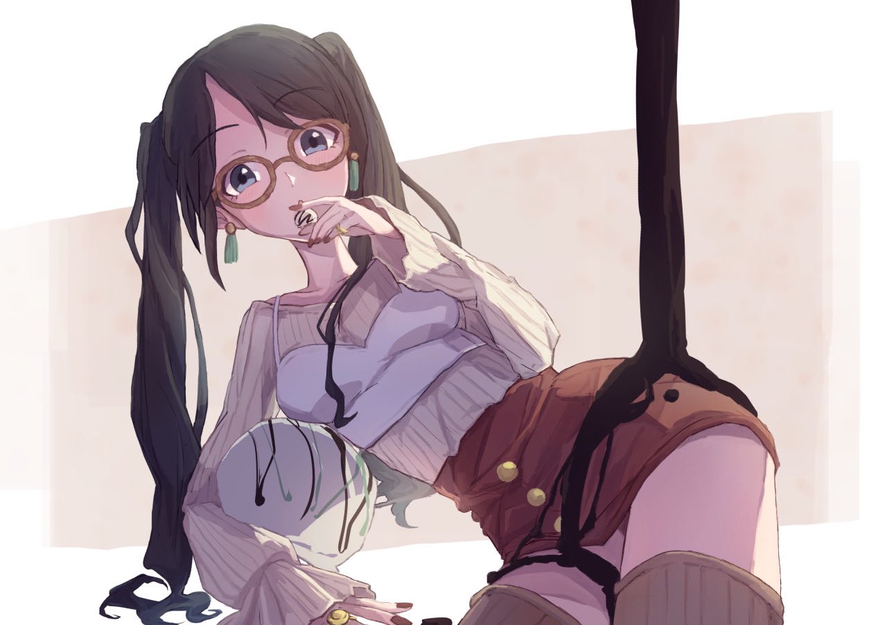 1girl, black_hair, blue_eyes, breasts, candy, chocolate, chocolate_on_body, earrings