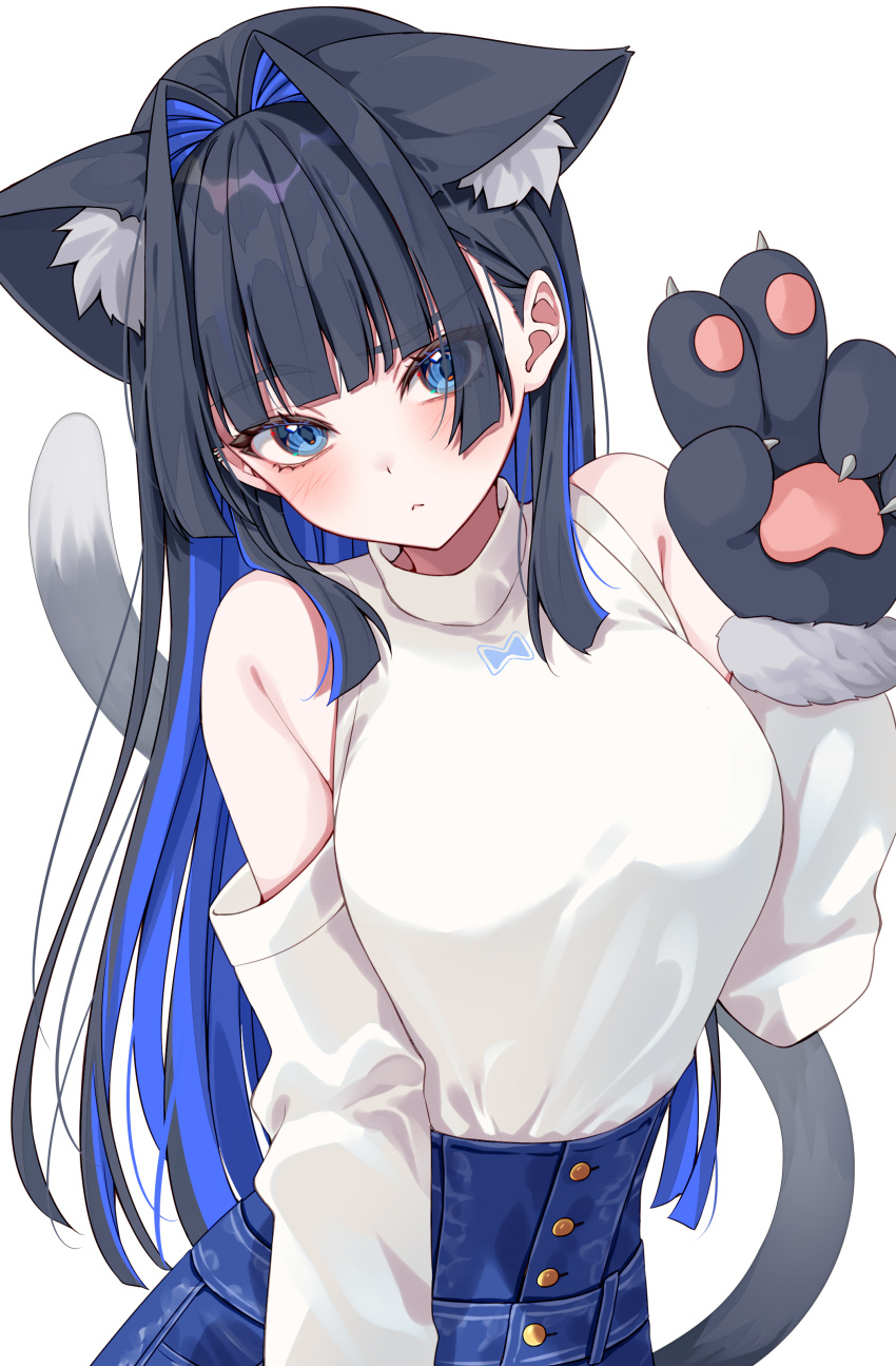 1girl, :<, absurdres, animal_ear_fluff, animal_ears, animal_hands, black_hair, blue_eyes