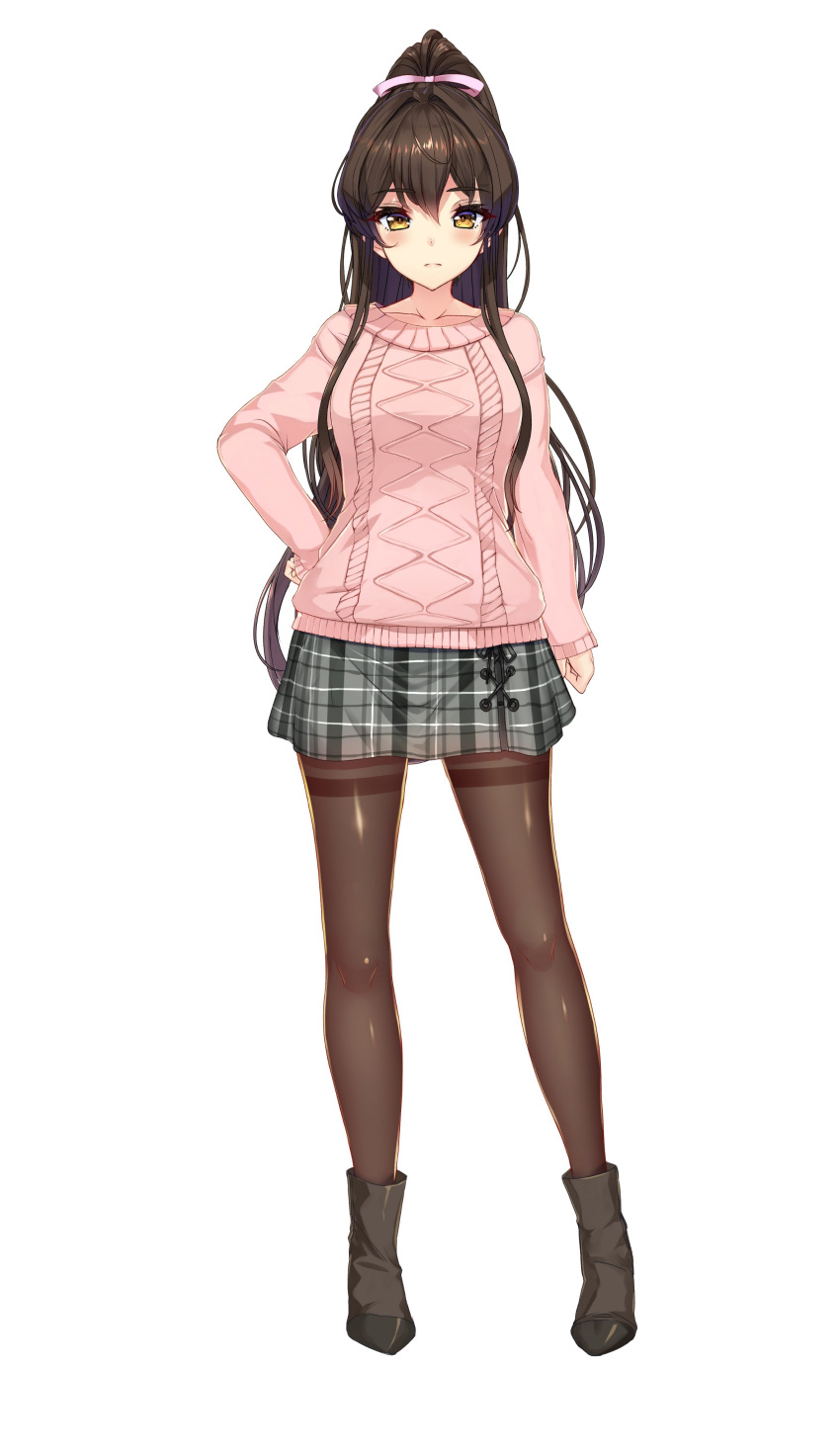 1girl, absurdres, akasaai, arm_at_side, black_boots, boots, breasts, brown_hair