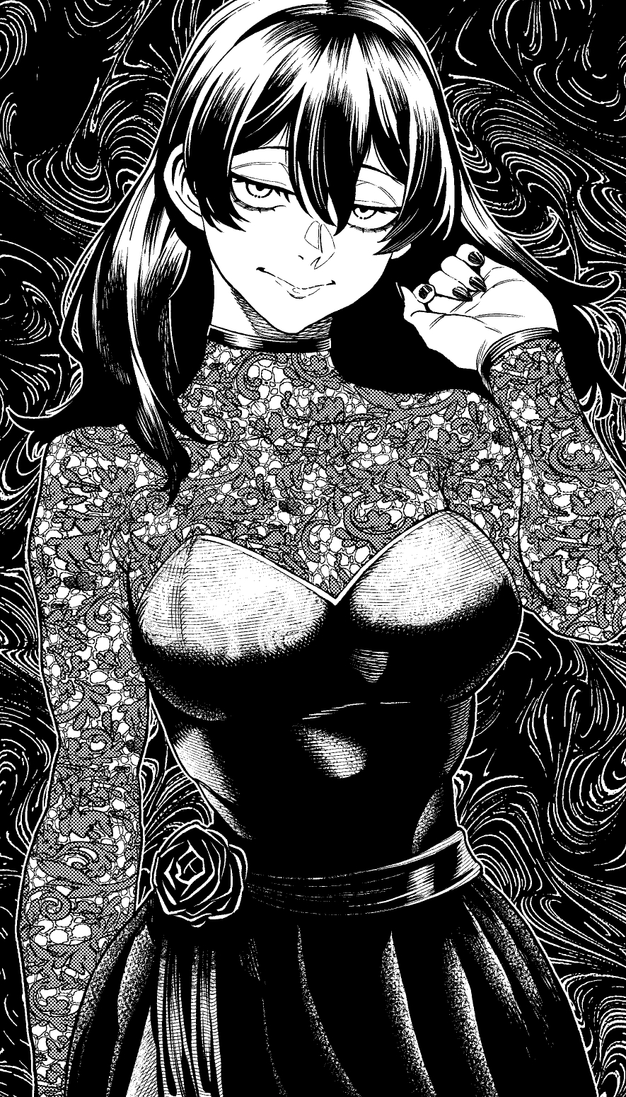 1girl, cropped_legs, dress, floral_print, floral_print_dress, half-closed_eyes, highres, long_hair