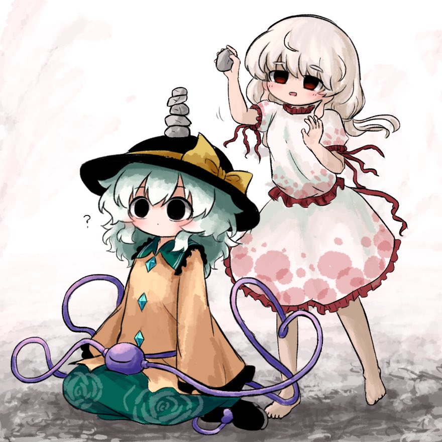 2girls, ?, barefoot, black_boots, black_eyes, black_hat, boots, buttons