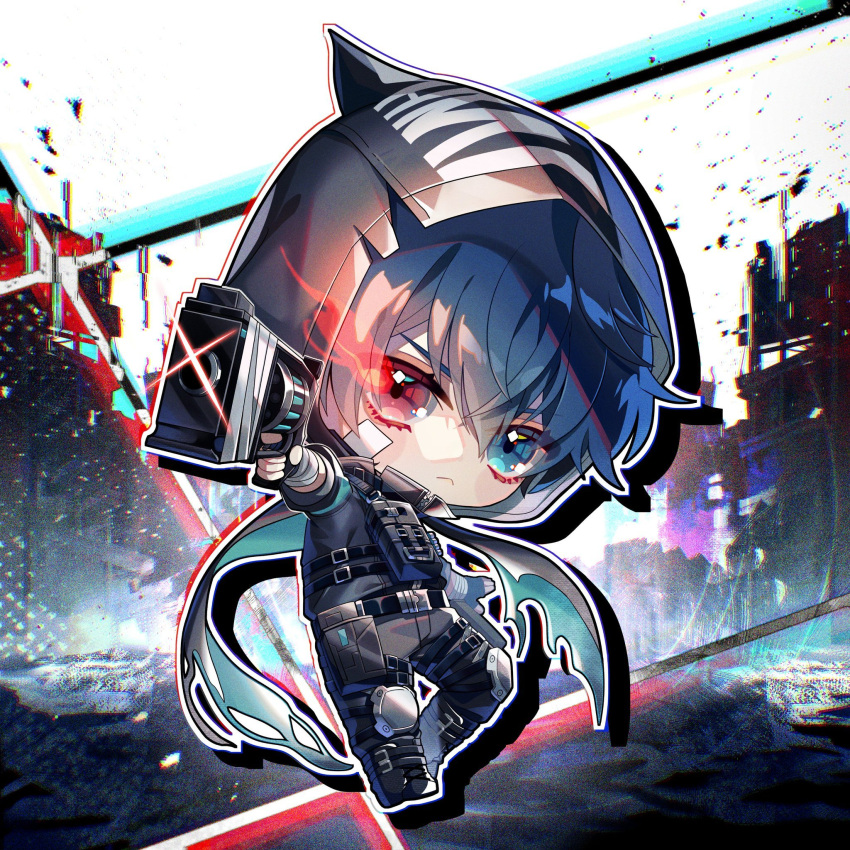 1boy, aiming, bandaged_arm, bandages, black_jacket, blue_hair, chaos_zero_nightmare, chibi