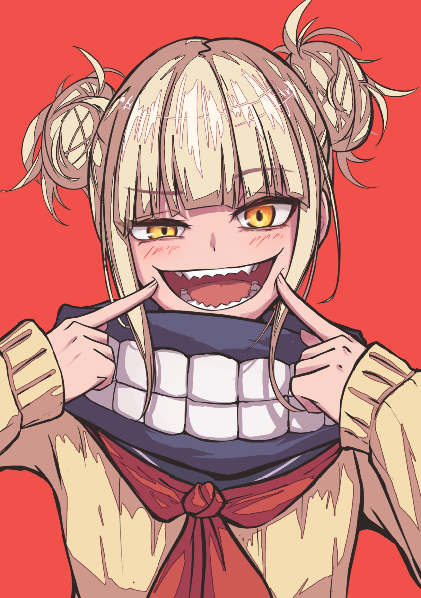 1girl, absurdres, blonde_hair, blunt_bangs, boku_no_hero_academia, commentary_request, double_bun, fingers_to_cheeks
