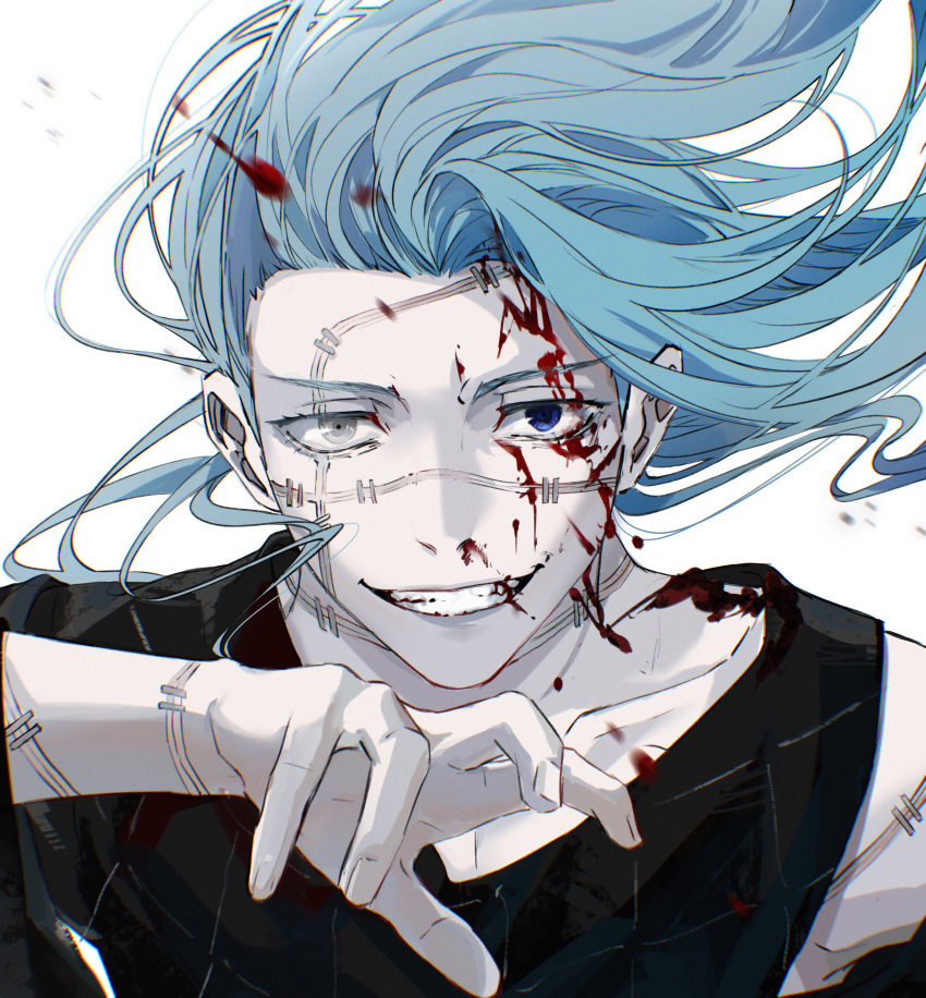 1boy, absurdres, black_shirt, blood, blood_on_face, blood_on_neck, blood_splatter, blue_eyes