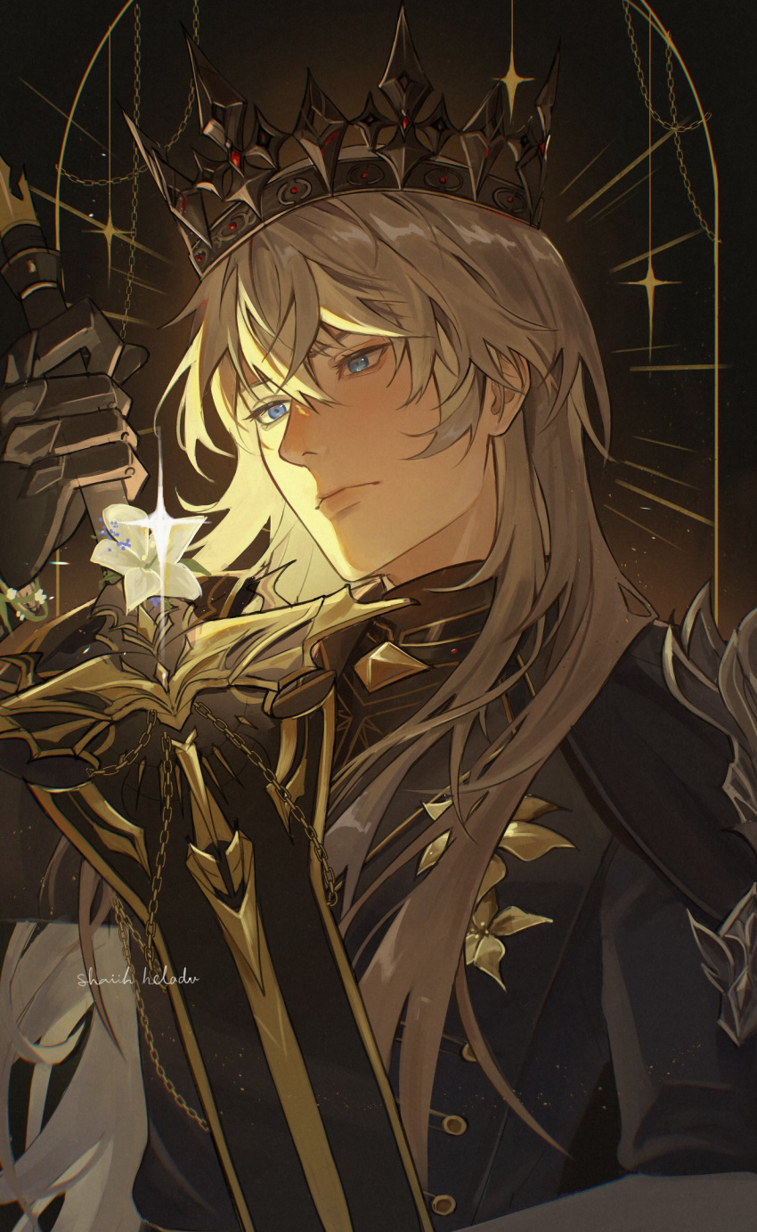 1boy, armor, armored_gloves, artist_name, black_jacket, blue_eyes, closed_mouth, crown