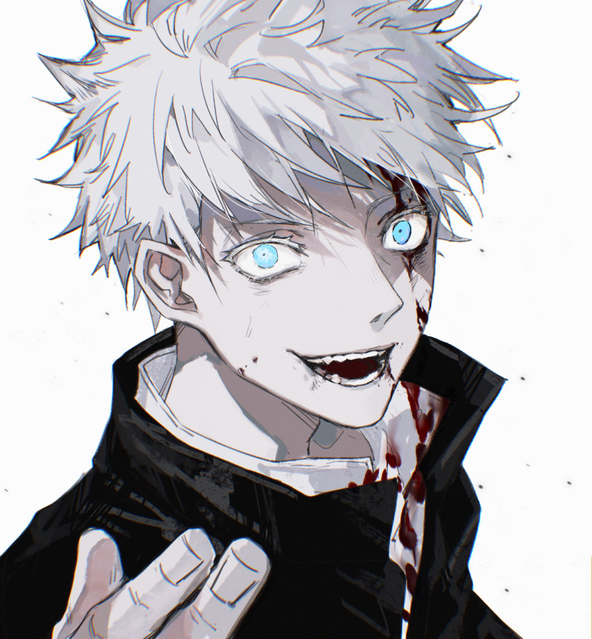 1boy, :d, absurdres, black_jacket, blood, blood_on_clothes, blood_on_face, blood_on_hands