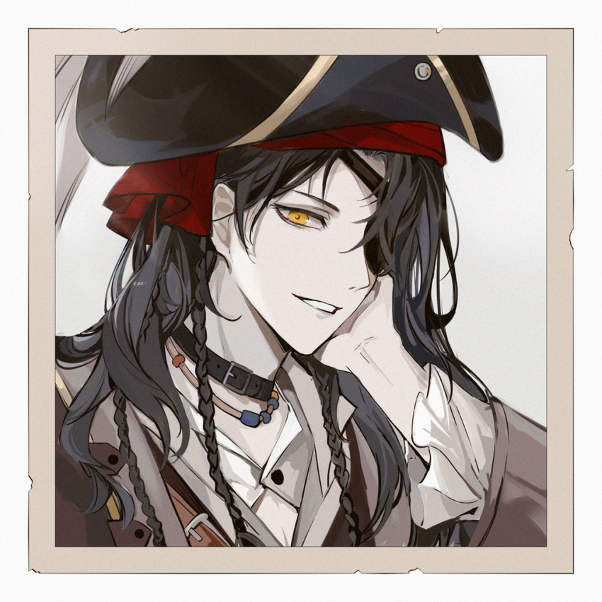 1boy, black_choker, black_hair, black_hat, border, braid, brown_jacket, call_of_cthulhu