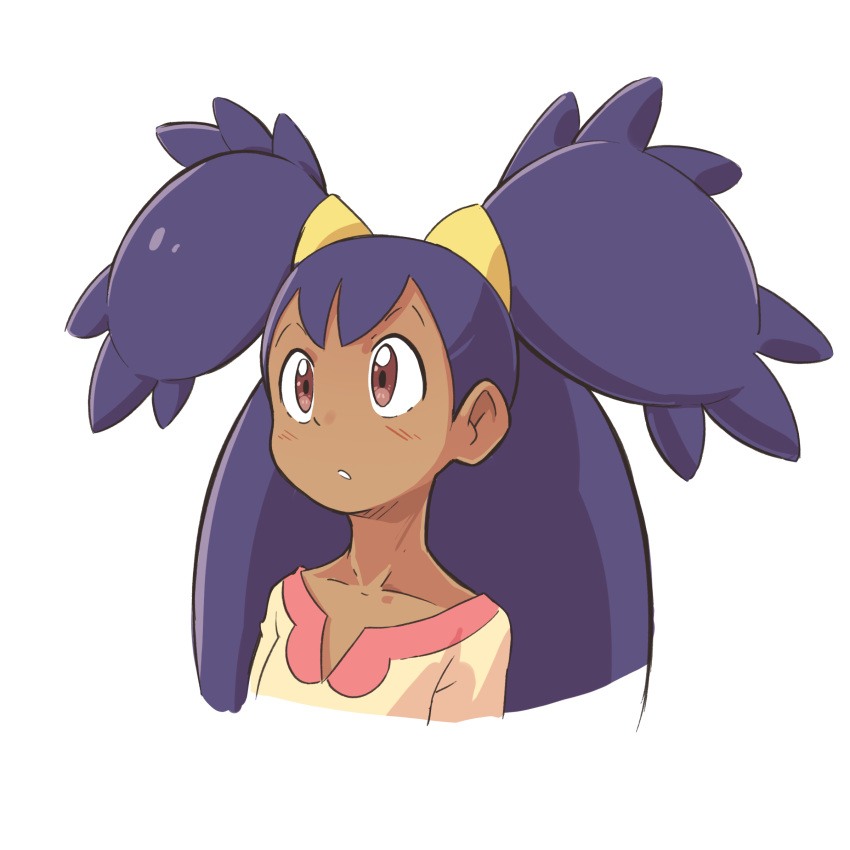 1girl, absurdres, bush, collarbone, commentary, cropped_torso, dark-skinned_female, dark_skin, english_commentary, flat_chest, hair_ornament, highres, iris_(pokemon), julian0223, light_blush, long_hair, looking_afar, parted_lips, pink_trim, pokemon, pokemon_bw, purple_hair, red_eyes, shirt, simple_background, solo, two_side_up, upper_body, white_background, yellow_shirt
