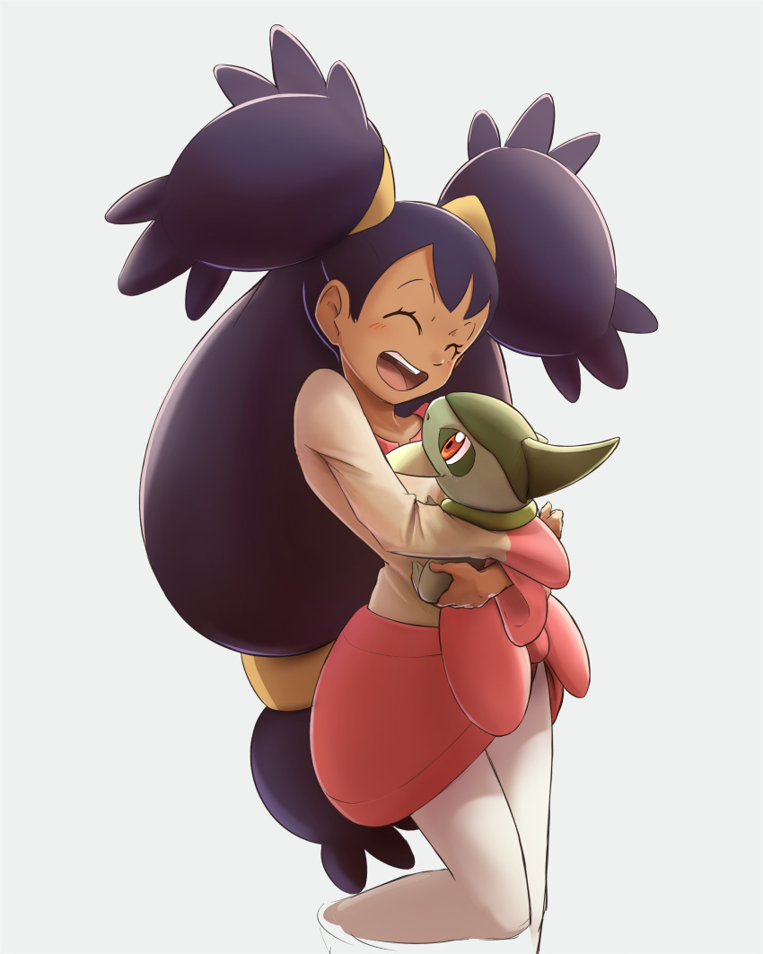 1girl, ^_^, absurdres, axew, blush, bow, closed_eyes, commentary, cropped_legs, dark-skinned_female, dark_skin, english_commentary, grey_background, hair_ornament, happy, highres, holding, holding_pokemon, hug, iris_(pokemon), julian0223, leg_up, leggings, light_blush, long_hair, long_sleeves, looking_at_another, looking_up, low-tied_long_hair, miniskirt, open_mouth, pink_bow, pink_skirt, pokemon, pokemon_(creature), pokemon_bw, purple_hair, red_eyes, shirt, simple_background, skirt, smile, standing, standing_on_one_leg, teeth, white_leggings, yellow_shirt