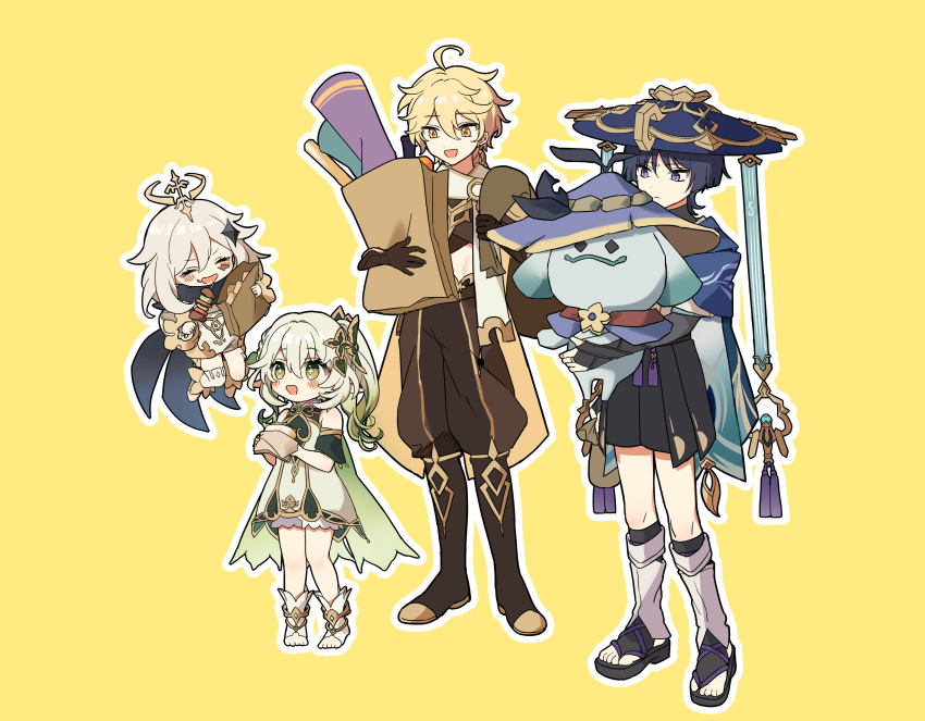 2boys, 2girls, absurdres, aether_(genshin_impact), ahoge, anklet, aranara_(genshin_impact), armlet
