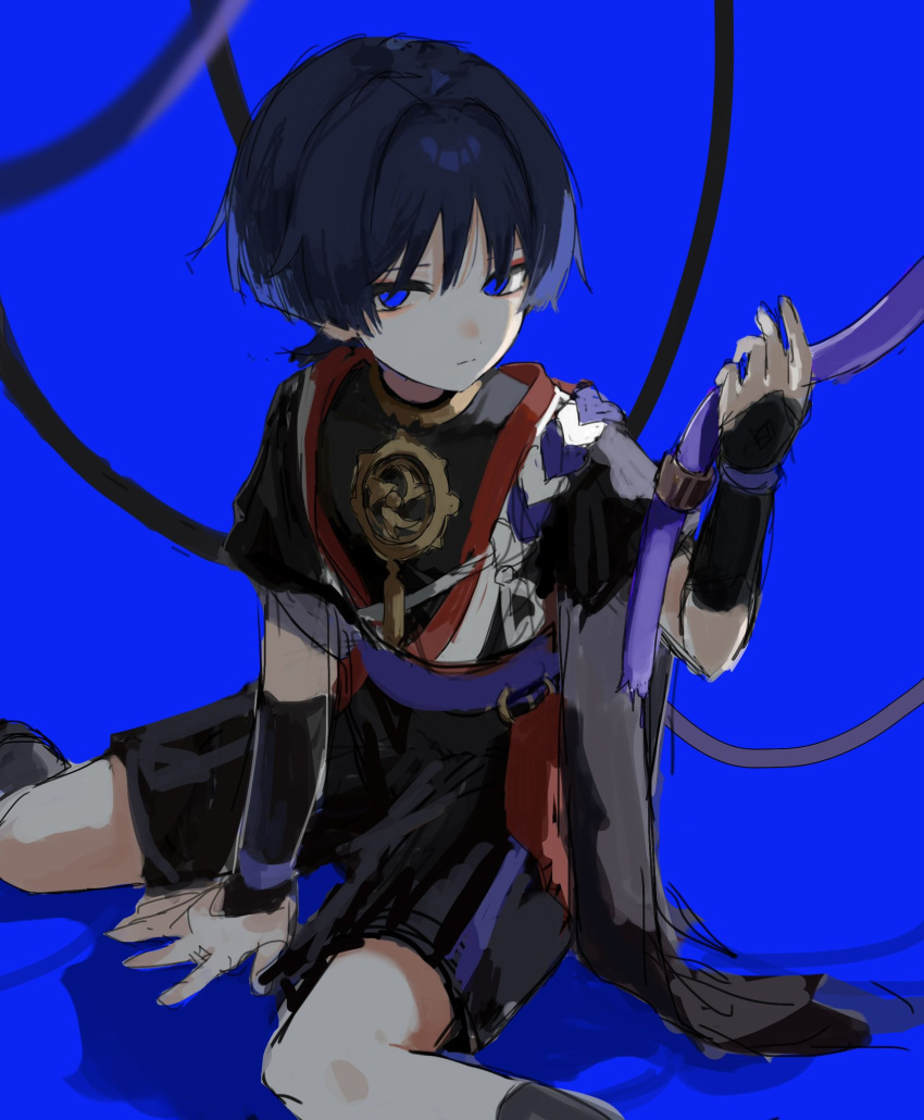 1boy, 624_itumo, armor, black_bodysuit, black_hair, black_kimono, black_shorts, black_sleeves