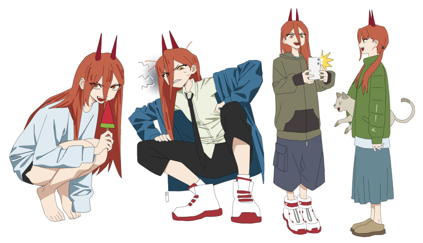 1girl, absurdres, animal, barefoot, black_necktie, black_pants, black_shorts, blue_coat