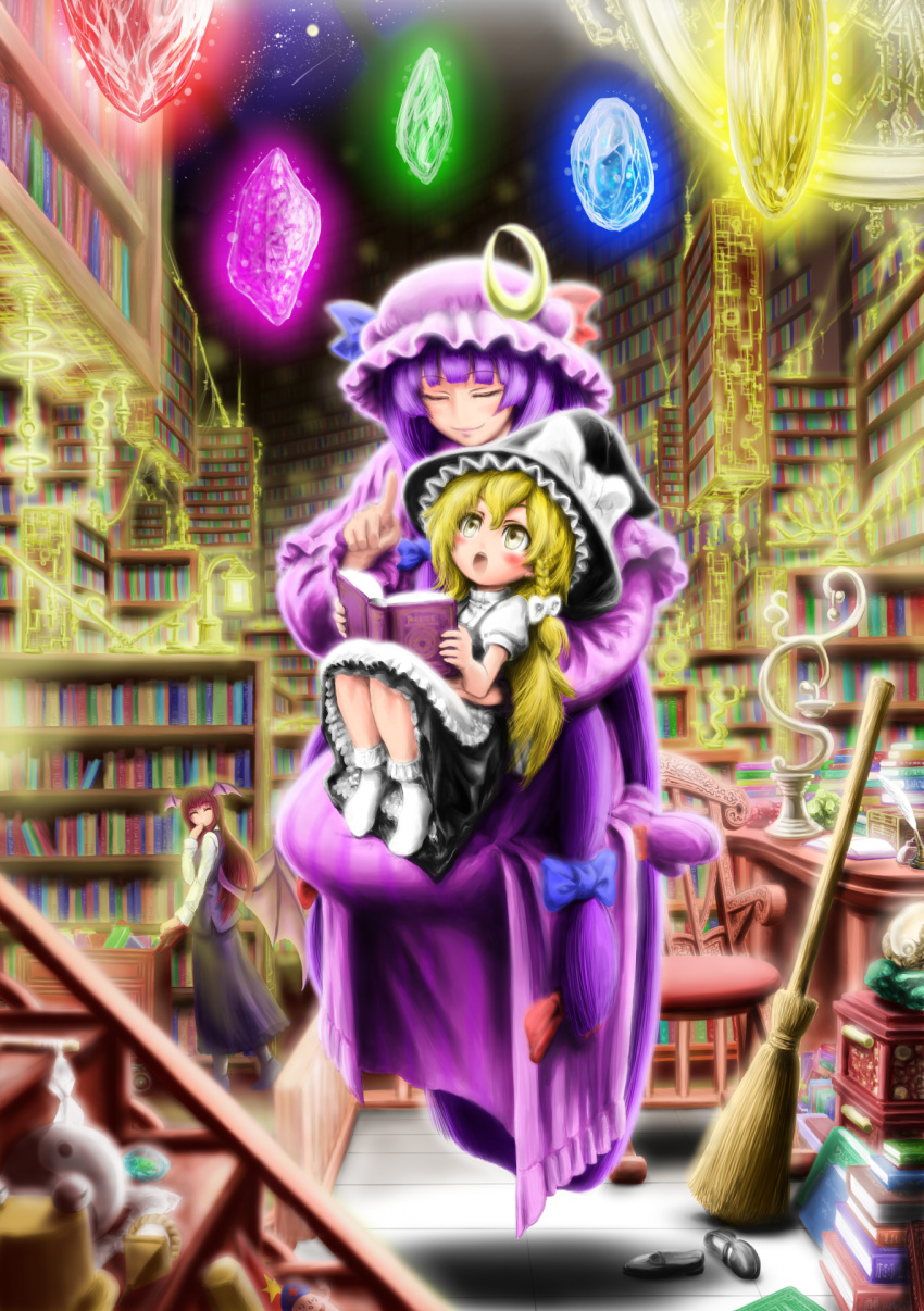^_^, bad_id, bat_wings, blonde_hair, book, bookshelf, bow, box