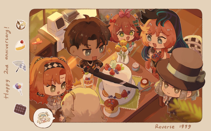 +_+, 1boy, 5girls, :d, ^^^, absurdres, anniversary, basket, birthday_cake, black_coat, black_gloves, black_hands, black_hat, black_jacket, black_veil, blue_bow, blue_dress, blue_eyes, blue_veil, boater_hat, border, bow, bright_pupils, brown_border, brown_hair, cake, centauroid, checkered_hairband, chibi, chimera, coat, colored_extremities, cup, dress, flower, flutterpage, food, from_above, gloves, green_eyes, hair_bow, hairband, hat, hat_bow, highres, holding, holding_basket, holding_cup, holding_sword, holding_weapon, indoors, j_(reverse:1999), jacket, matilda_bouanich, monitor, multiple_girls, multiple_hair_bows, nautika_(reverse:1999), one_side_up, orange_hair, oredcchi, parfait, pink_hair, pudding, reverse:1999, scar, scar_on_face, short_hair, smile, sonetto_(reverse:1999), spoken_character, sword, taur, two-tone_veil, two_side_up, vase, veil, vertin_(reverse:1999), weapon, white_dress, white_gloves, white_pupils, window, yellow_flower