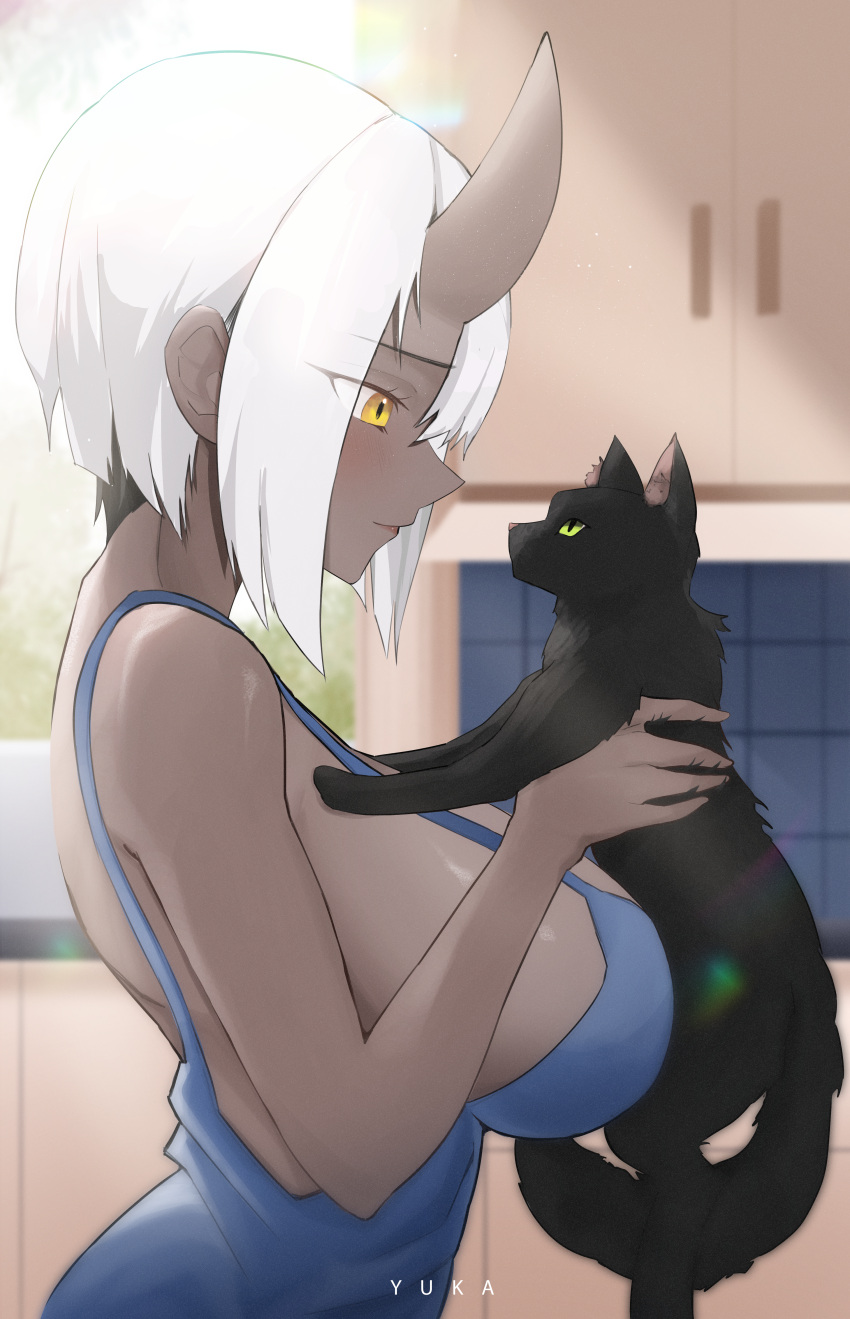 1girl, absurdres, black_cat, blush, breasts, cat, highres, horns, kitchen, large_breasts, looking_at_animal, original, short_hair, white_hair, yellow_eyes, yuka_1503