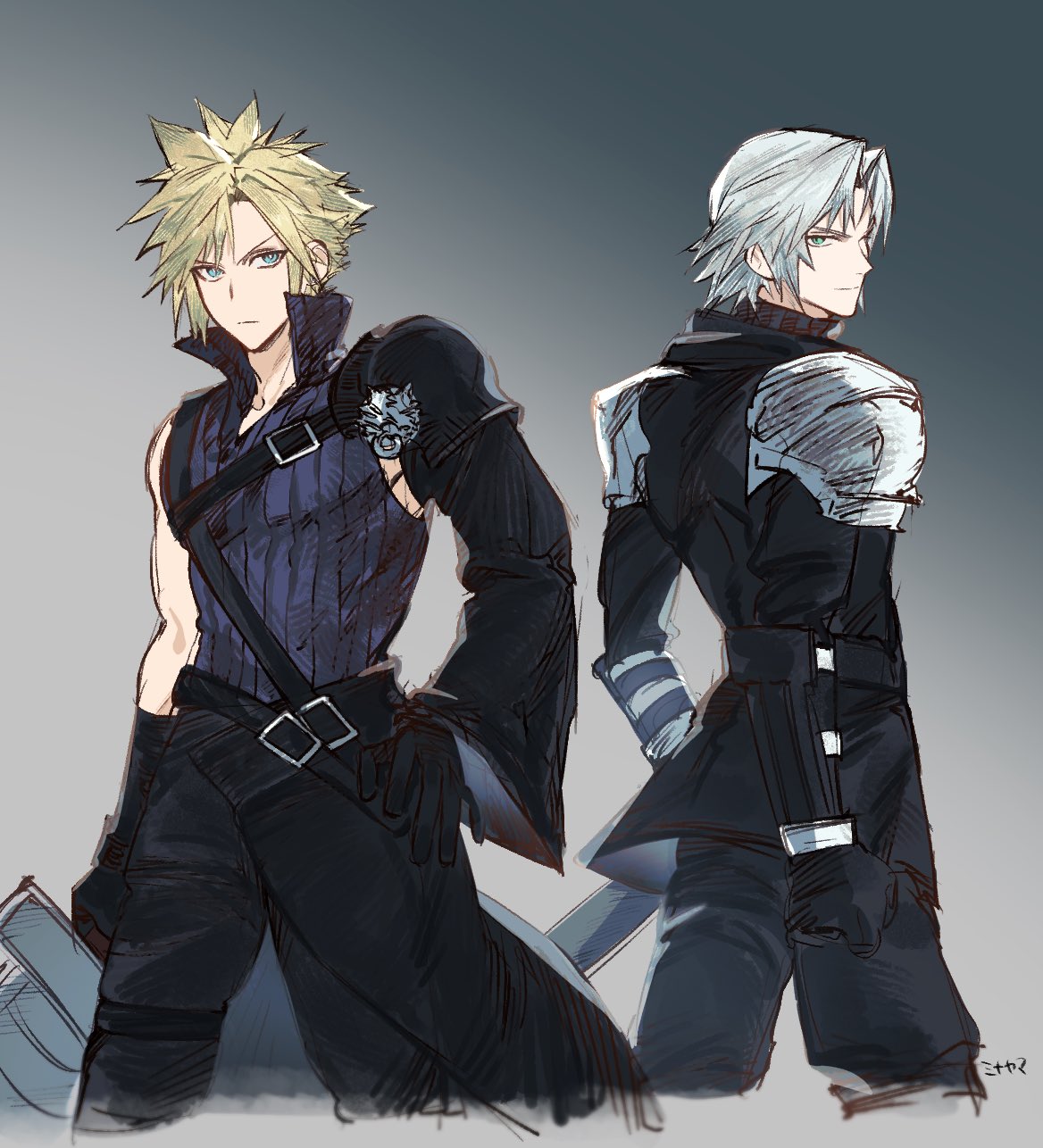 2boys, aqua_eyes, armor, back-to-back, black_cape, black_gloves, black_jacket, black_pants, black_sleeves, blonde_hair, cape, cloud_strife, cowboy_shot, final_fantasy, final_fantasy_vii, final_fantasy_vii_advent_children, final_fantasy_vii_ever_crisis, fusion_swords, gloves, grey_background, grey_hair, grey_vest, hair_between_eyes, highres, holding, holding_sword, holding_weapon, jacket, male_focus, minaminooyama, multiple_boys, pants, parted_bangs, pauldrons, popped_collar, sephiroth, sephiroth_(ever_crisis), short_hair, shoulder_armor, single_bare_shoulder, single_pauldron, single_sleeve, spiky_hair, sword, vest, waist_cape, weapon