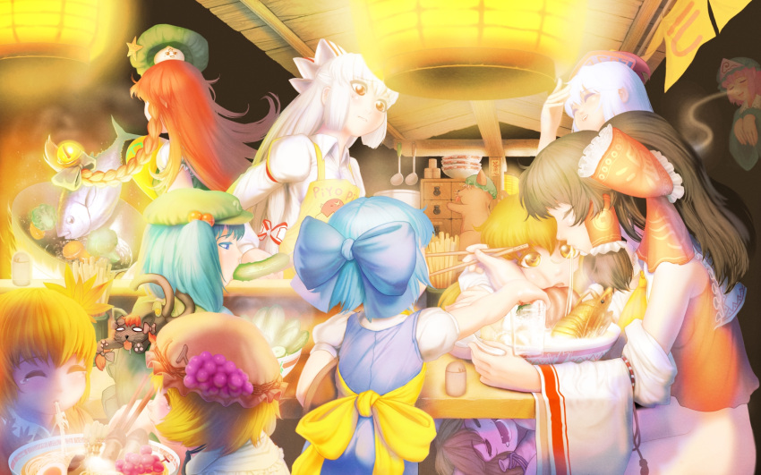 aki_minoriko, aki_shizuha, bottomless, chopsticks, cirno, cooking, cucumber, drink
