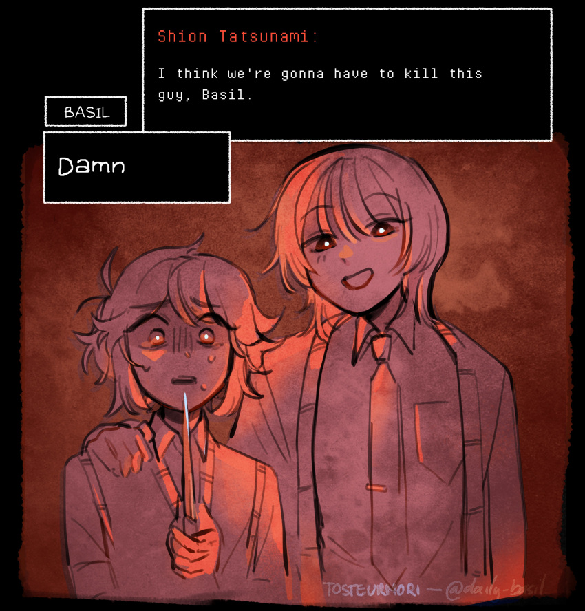 2boys, absurdres, antenna_hair, artist_name, basil_(faraway)_(omori), basil_(omori), breast_pocket, bright_pupils