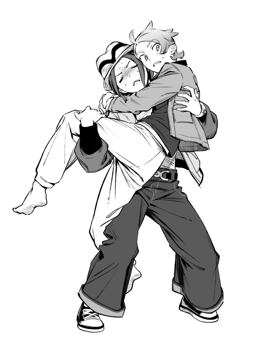 1boy, 1girl, ahoge, barefoot, closed_eyes, commentary_request, greyscale, harmony_(pokemon), hat, highres, jacket, long_sleeves, mega_ring, monochrome, open_clothes, open_jacket, pants, pocket, pokemon, pokemon_legends:_z-a, reverse_princess_carry, shoes, short_hair, simple_background, sneakers, sweat, sweatdrop, urbain_(pokemon), zizi_(azusako3)