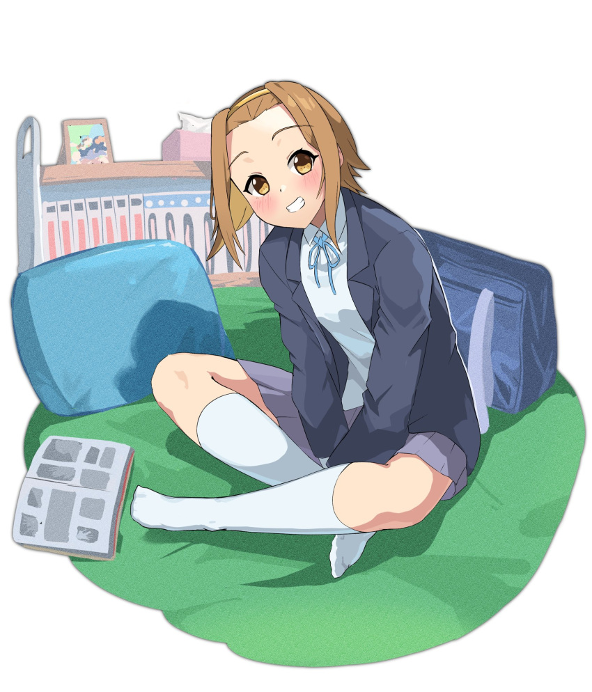 1girl, arms_between_legs, bag, blazer, blue_cardigan, blue_jacket, blue_skirt, blush, book, brown_eyes, brown_hair, cardigan, clenched_teeth, commentary, full_body, hairband, highres, indoors, jacket, k-on!, kneehighs, long_sleeves, looking_at_viewer, medium_hair, miniskirt, onabe915, open_book, sakuragaoka_high_school_uniform, school_bag, school_uniform, simple_background, sitting, skirt, socks, solo, tainaka_ritsu, teeth, white_background, white_socks, winter_uniform, yellow_hairband