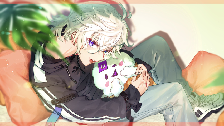 1boy, absurdres, bespectacled, black_hoodie, blurry, blurry_foreground, border, character_doll