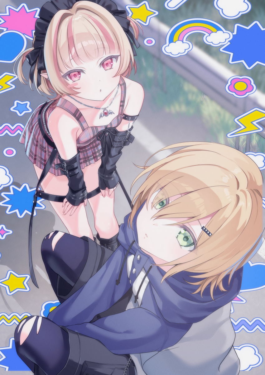 1boy, 1girl, absurdres, alternate_headwear, arm_belt, arm_strap, bare_shoulders, belt