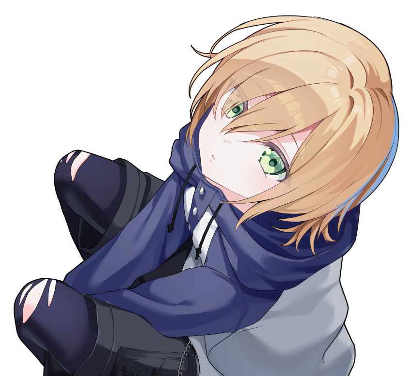 1boy, absurdres, black_leggings, black_shorts, blonde_hair, blue_hood, blue_sleeves, drawstring