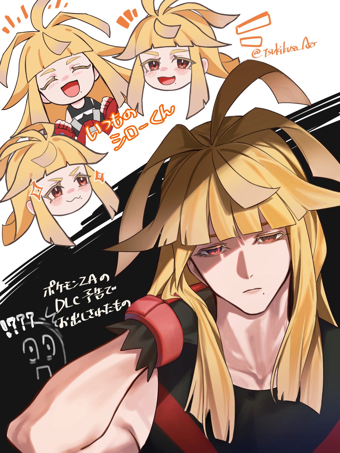 1boy, :3, arm_behind_head, arm_up, black_tank_top, blonde_hair, blunt_bangs, closed_mouth