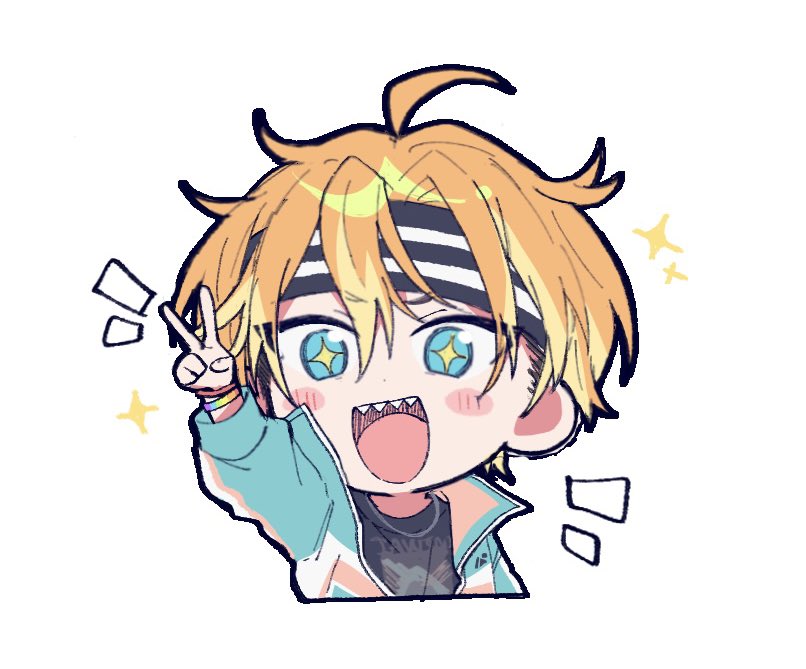 18trip, 1boy, ahoge, aqua_eyes, arm_up, black_shirt, blonde_hair, blue_jacket