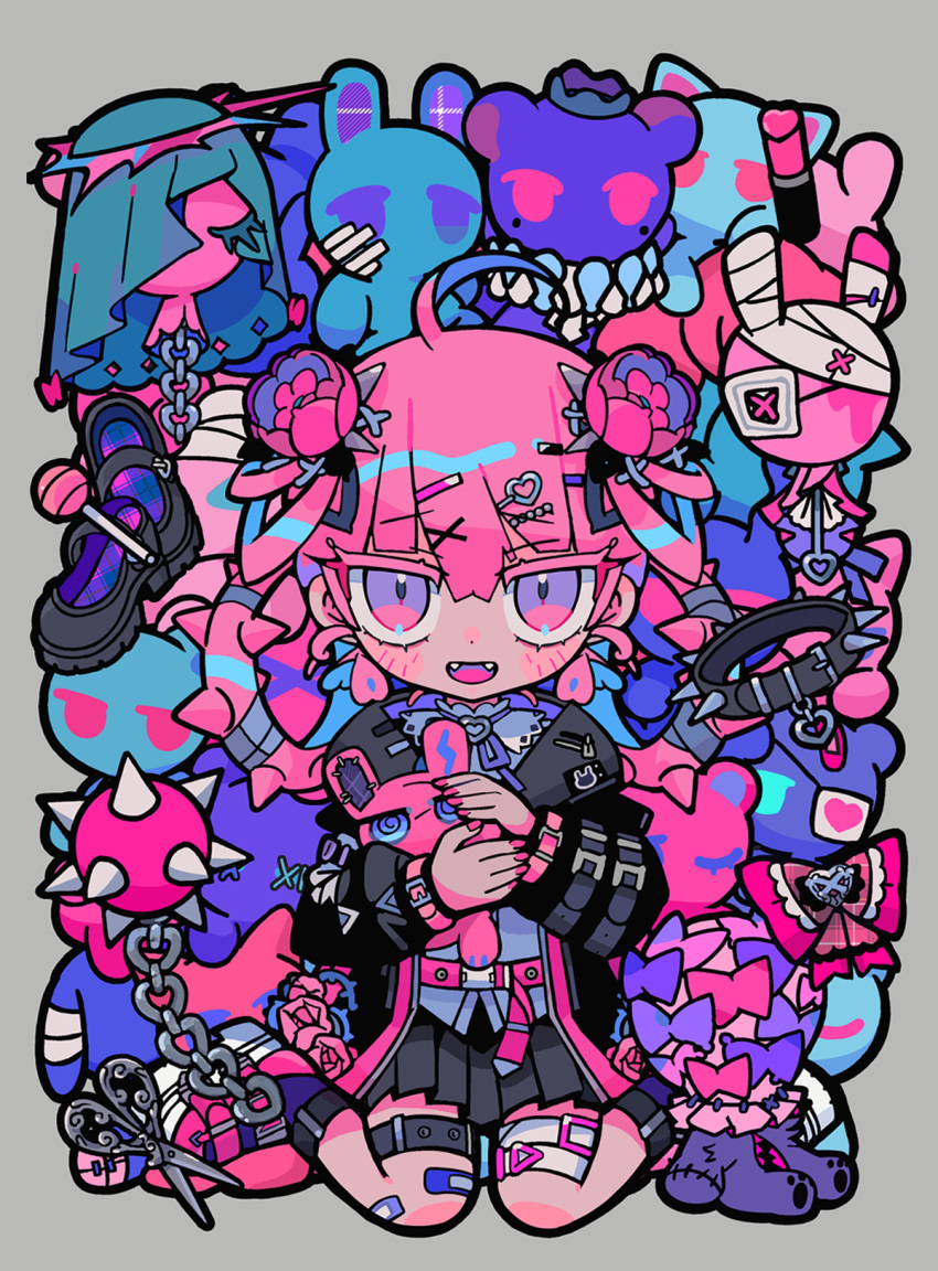 1girl, ball_and_chain_(weapon), bandaid, bandaid_on_leg, black_jacket, black_skirt, candy, collar