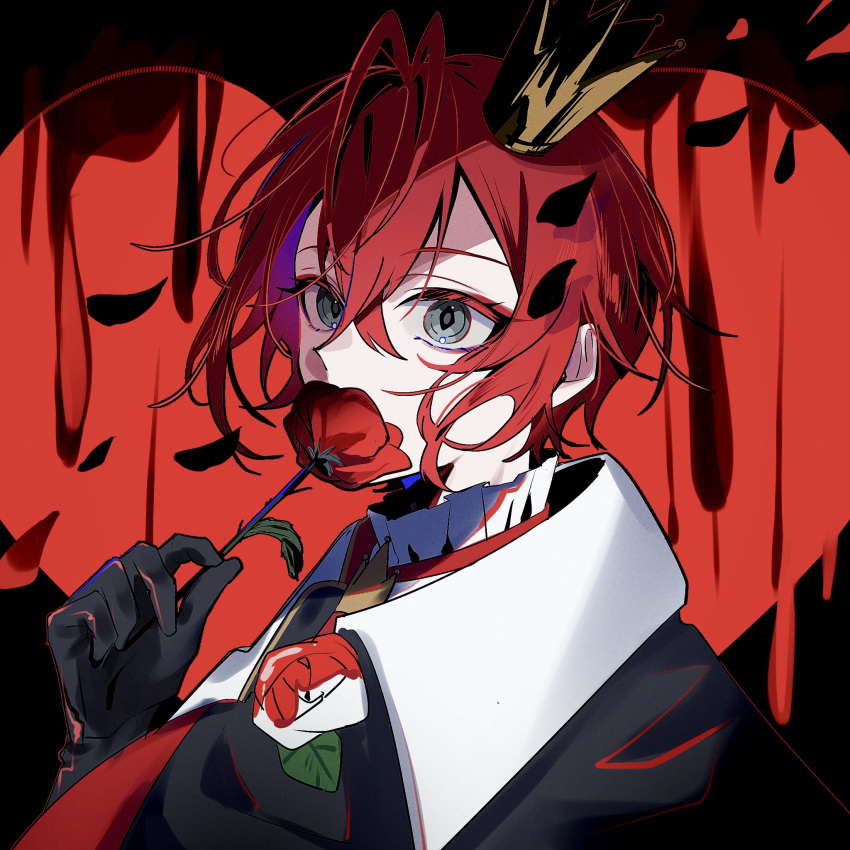 1boy, antenna_hair, black_gloves, commentary, covered_mouth, crown, eyeshadow, flower, frilled_shirt_collar, frills, gloves, grey_eyes, hair_between_eyes, hakobiyaa, highres, holding, holding_flower, looking_at_viewer, makeup, male_focus, mini_crown, portrait, red_eyeshadow, red_flower, red_hair, riddle_rosehearts, short_hair, solo, twisted_wonderland