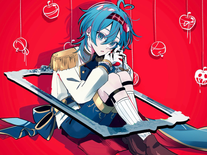 1boy, ahoge, amptakxcolors, back_bow, blue_bow, blue_eyes, blue_hair, bow