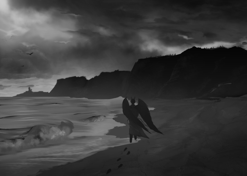 1boy, absurdres, black_hair, black_wings, clouds, cloudy_sky, coat, demon_horns, feathered_wings, footprints, from_behind, full_body, grey_sky, highres, horns, kim_dokja, male_focus, monochrome, mountainous_horizon, official_alternate_costume, omniscient_reader's_viewpoint, open_clothes, open_coat, outdoors, shore, short_hair, simple_bird, sky, solo, standing, waves, white_coat, wings, yu_shiro_ki