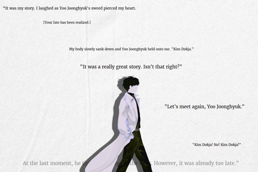 1boy, black_hair, black_shirt, coat, collared_shirt, drop_shadow, english_text, faceless, facing_to_the_side, hands_in_pockets, highres, kim_dokja, male_focus, omniscient_reader's_viewpoint, open_clothes, open_coat, outdoors, paper_texture, shirt, short_hair, solo, variant_set, walking, white_coat, yu_shiro_ki