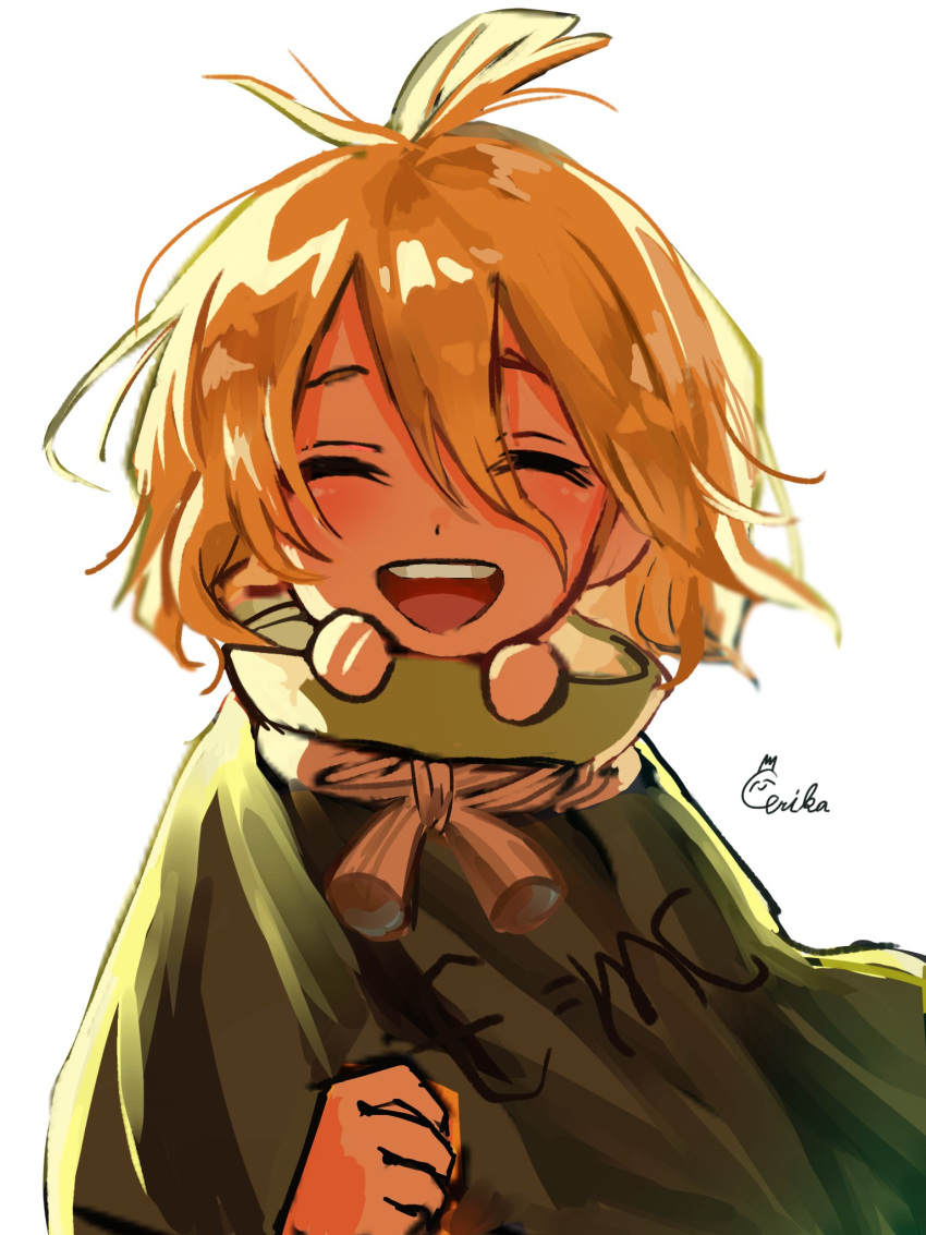 1boy, antenna_hair, blonde_hair, blush, capelet, child, cloak, closed_eyes