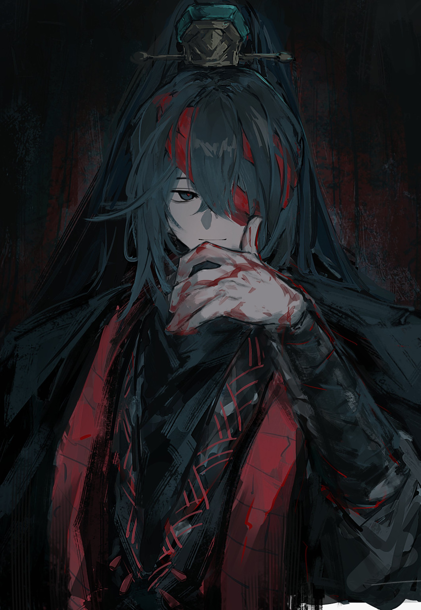 1boy, absurdres, bandage_over_one_eye, black_eyes, black_hair, black_hanfu, black_robe, blood